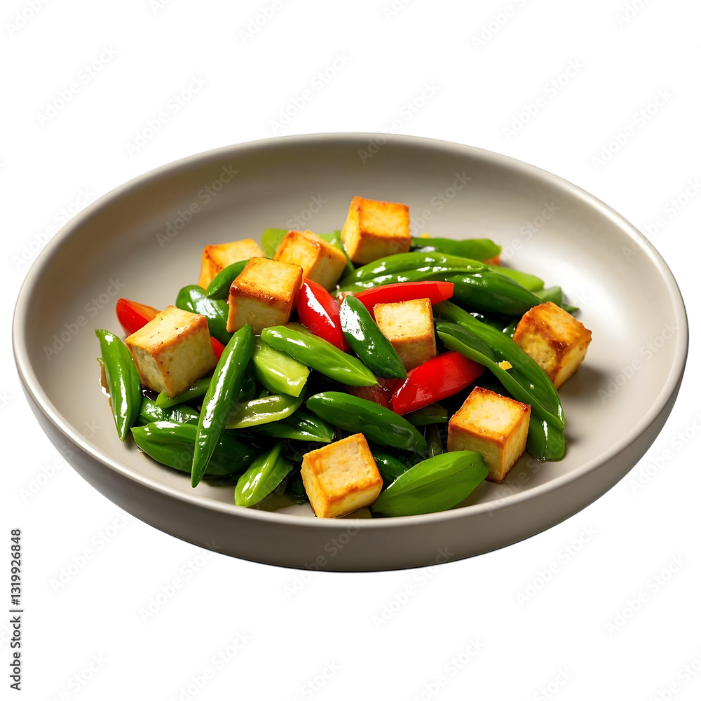 Vegetable stir fry with tofu isolated on white background Vegetable stir fry with tofu isolated on white background