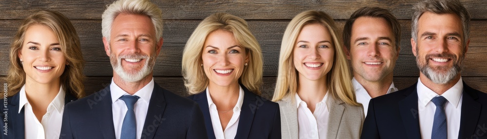 A diverse group of six professionals smiling against a rustic wooden backdrop, showcasing team spirit and collaboration, Ideal for business-related content, presentations A diverse group of six professionals smiling against a rustic wooden backdrop, showcasing team spirit and collaboration, Ideal for business-related content, presentations