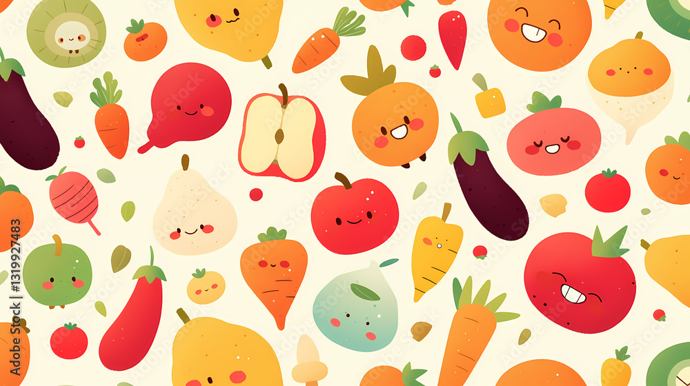 Colorful cartoon pattern featuring smiling fruits and vegetables on a light background, suitable for children's products Colorful cartoon pattern featuring smiling fruits and vegetables on a light background, suitable for children's products