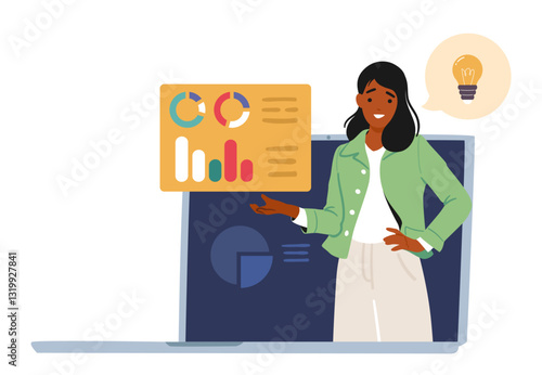 Woman business coach cartoon character on laptop screen teaching remotely providing mentorship
