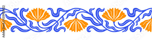 Orange blue floral pattern. Abstract simple colorful flower and leaf seamless border. Art Nouveau style designs. Naive drawing EPS 10 vector background collection.