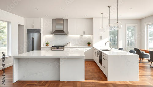 Beautiful kitchen in new luxury home with waterfall island, quartz counter tops, farmhouse sink, and hardwood floors , with white tonespng