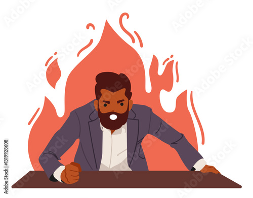 Angry businessman cartoon character burning in flame of rage hitting table with fist and yelling