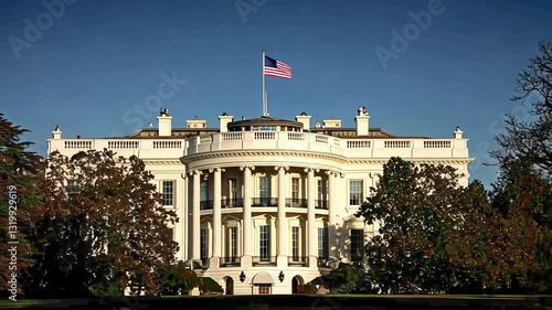 Majestic White House under a clear blue sky.  Perfect for projects related to US politics, history, or travel.