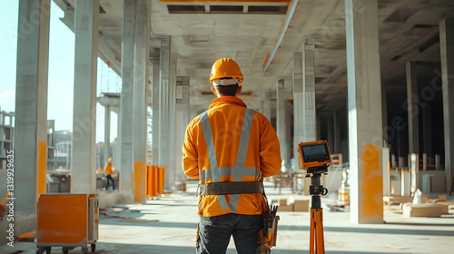 Back View of Construction Worker in Orange Safety Vest and Yellow Hardhat on a Site with Concrete Pillars and Structural Support