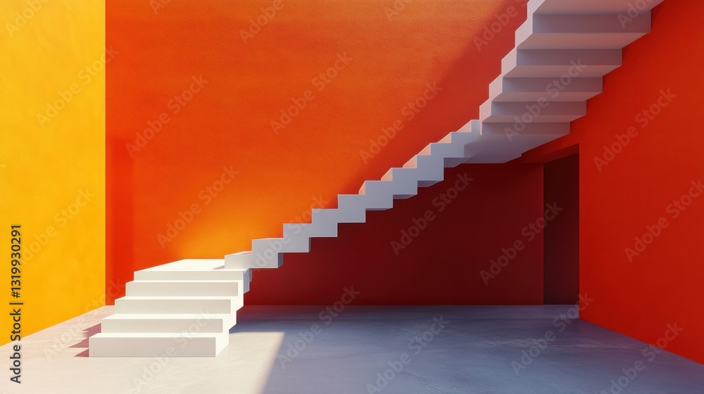 Obraz premium Modern white stairs in bright orange room