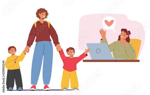 Mother ordering babysitting service for children leisure activity while working online from home