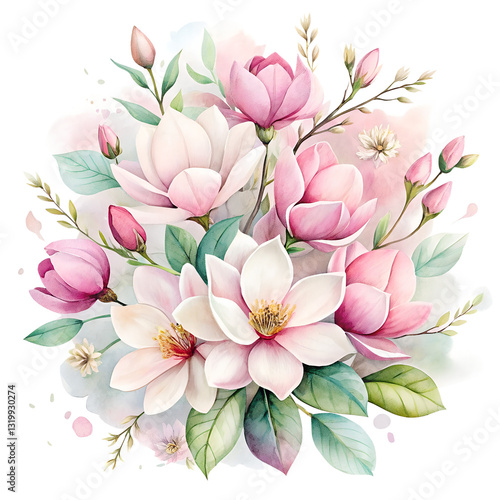 Fototapeta Naklejka Na Ścianę i Meble -  Pink and white magnolia flowers bloom in a watercolor bouquet with green leaves on transparent background isolated in PNG format