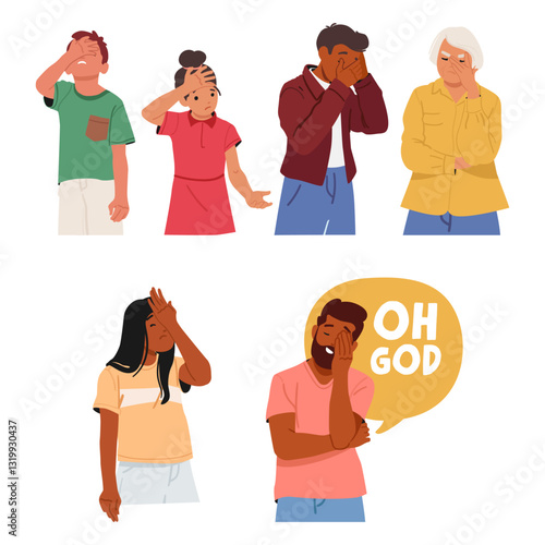 People cartoon adults children characters feeling stupid due to mistake making facepalm gesture