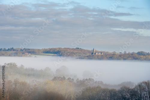 Walking around Mayfield, East Sussex, England, on a winter foggy day, view of Mayfield College