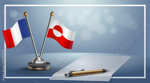 France and Greenland National flags on small table with bokeh background, cooperative relationship. Template vector Illustration