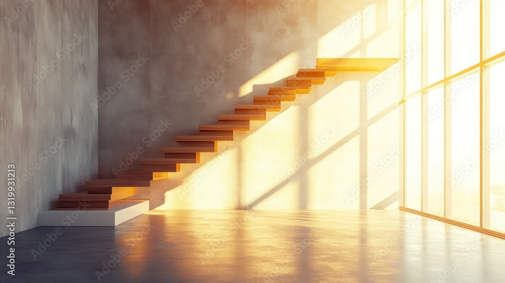 Obraz premium Sunlit Modern Staircase in Empty Room