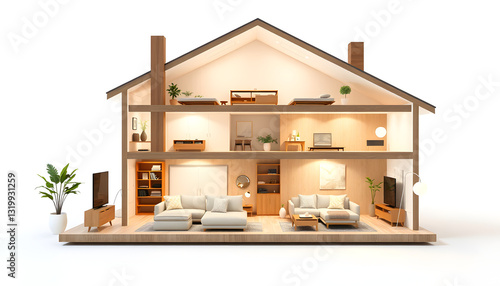 Cozy house interior with furniture, cross section model 3d rendering with large living space, upper floor with bedroom and room to personalize , with white tonespng