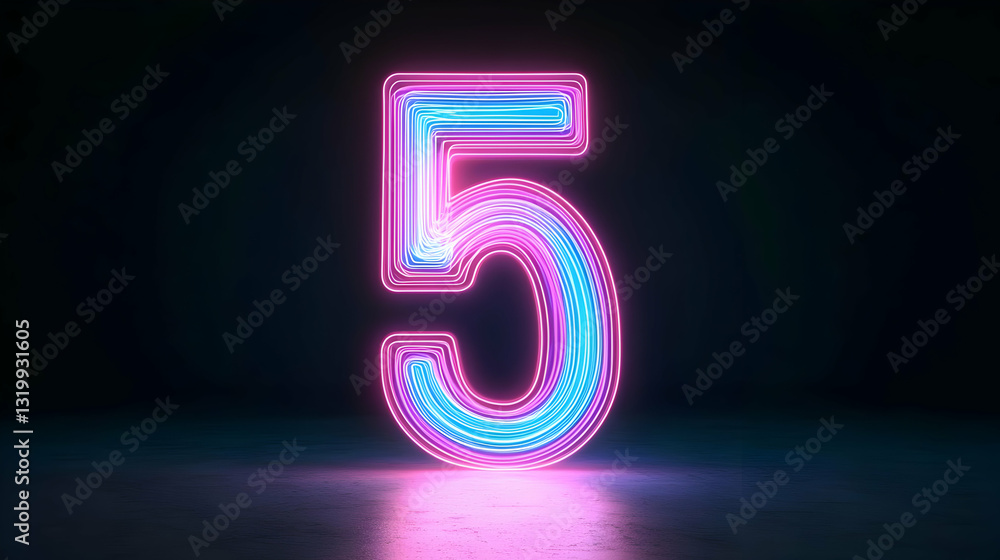 Vibrant Pink and Blue Neon Number Five on Dark Background with Reflective Glow Vibrant Pink and Blue Neon Number Five on Dark Background with Reflective Glow