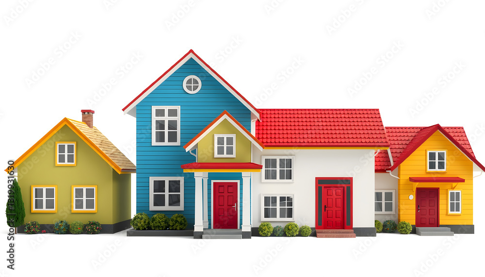 Isolated house set. Concept of real estate, property and ownership. Four different colorful houses , with white tonespng Isolated house set. Concept of real estate, property and ownership. Four different colorful houses , with white tonespng