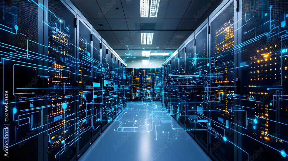 Fototapeta premium A Futuristic Data Center With Glowing Blue And Orange Network Connections Highlighting The Complex Interconnected Systems Powering Modern Technology