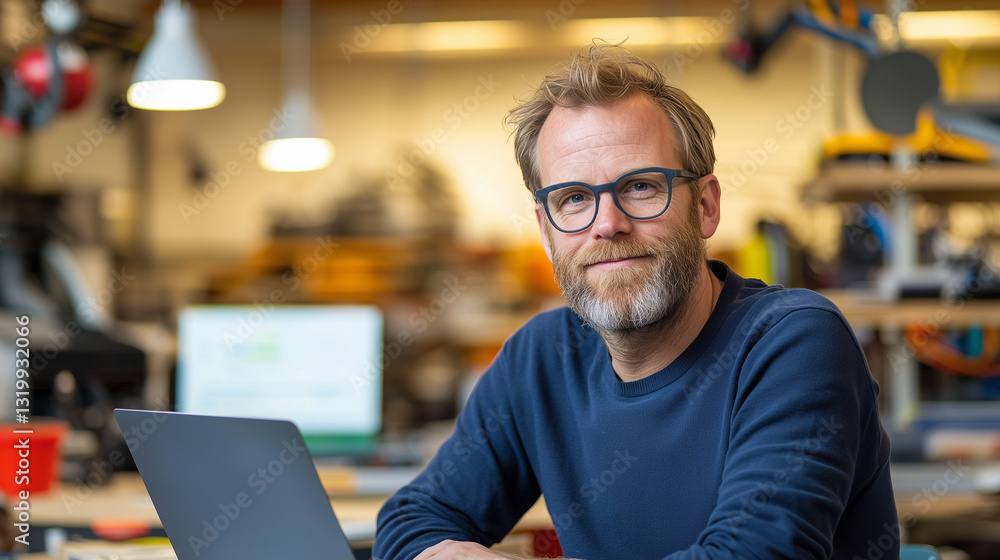 Industrial Man Engineer Working with Laptop in Modern Factory Setting Industrial Man Engineer Working with Laptop in Modern Factory Setting
