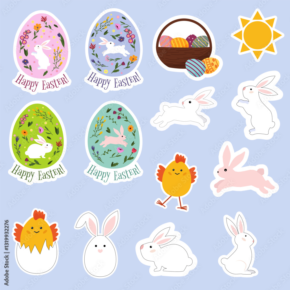 Obraz premium Easter stickers. Spring set. Rabbits and chick. Basket with Easter eggs. Easter eggs with decorative pattern. Vector illustration