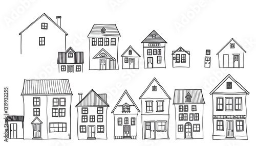 Buildings and houses doodle set. Collection of hand drawn various facades of building houses for family accommodation isolated on transparent background , with white tonespng