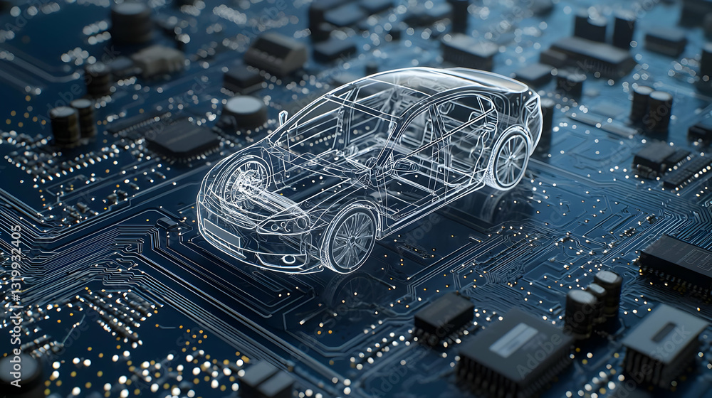 Digital Car Blueprint Over Blue Circuit Board Depicting Modern Automotive Technology and Innovation