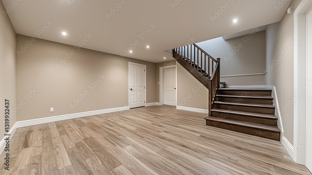 Fototapeta premium Modern Basement Interior with Elegant Staircase and Light Beige Walls