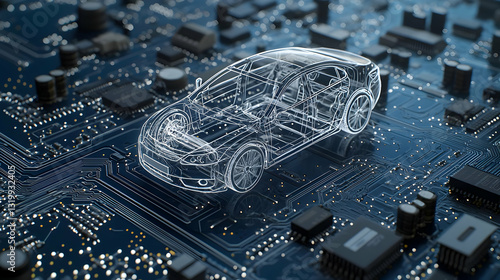 Obraz na płótnie Digital Car Blueprint Over Blue Circuit Board Depicting Modern Automotive Technology and Innovation w salonie