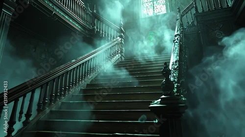 Mysterious, smoky staircase in a haunted mansion.