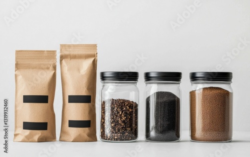 A minimalistic display of jars and bags containing various types of coffee, showcasing an organized and aesthetic approach to coffee storage. photo