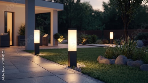 A serene outdoor space illuminated by modern light fixtures, with a well-manicured lawn and stone accents, creating a peaceful ambiance at dusk.