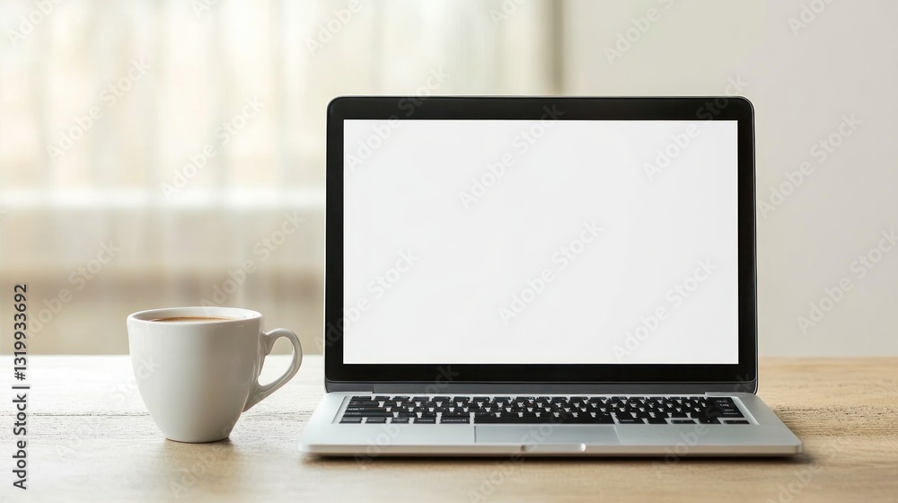 Fototapeta premium Laptop computer on a wooden table with coffee cup