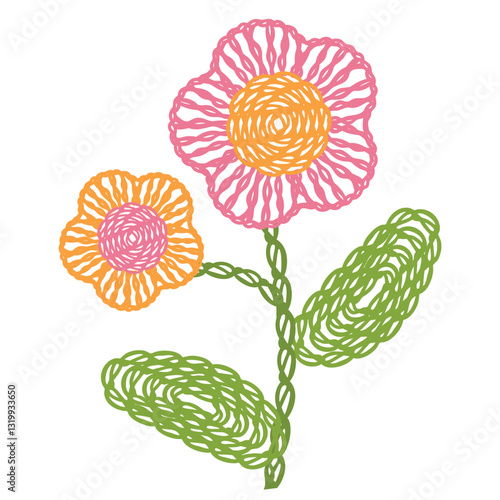 Crochet flower from threads isolated on white background. Green, pink and yellow colors. Vector design for use in card, banner, poster. Handiwork and handicraft events. Flat illustration.