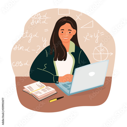 Young woman solving a trigonometric problem. Female student sitting at a table with a laptop and a textbook. Background with geometric formulas. Vector illustration in flat color style.