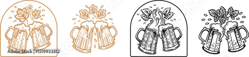 set of  Two toasting beer mugs cheers vector, engraving sketch ink poster black illustration etching style tattoo, logo Beer, Cheers, Mugs, Mug, Toasting, Toast, Cheer, Oktoberfest, Two