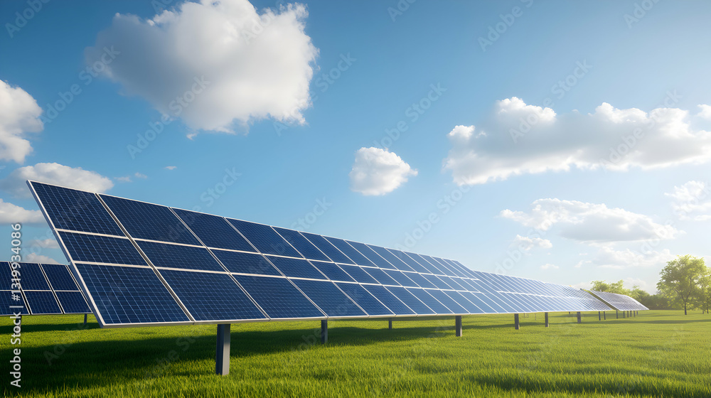 A stunning view of solar panels installed in a lush green field under a bright sky. This image showcases renewable energy solutions and the harmony between technology and nature.
