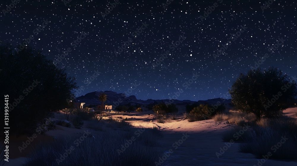 Fototapeta premium A serene desert landscape under a starry night sky, showcasing natural beauty and tranquility.