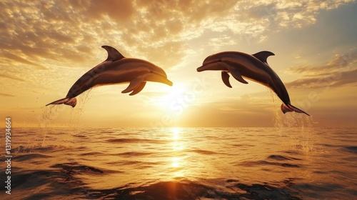 Dolphins leaping at sunset over ocean