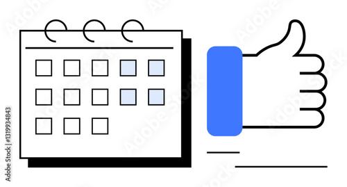 Calendar with highlighted dates next to a thumbs-up gesture representing approval, schedule, or organization. Ideal for planning, productivity, teamwork, deadlines, success, optimization flat simple