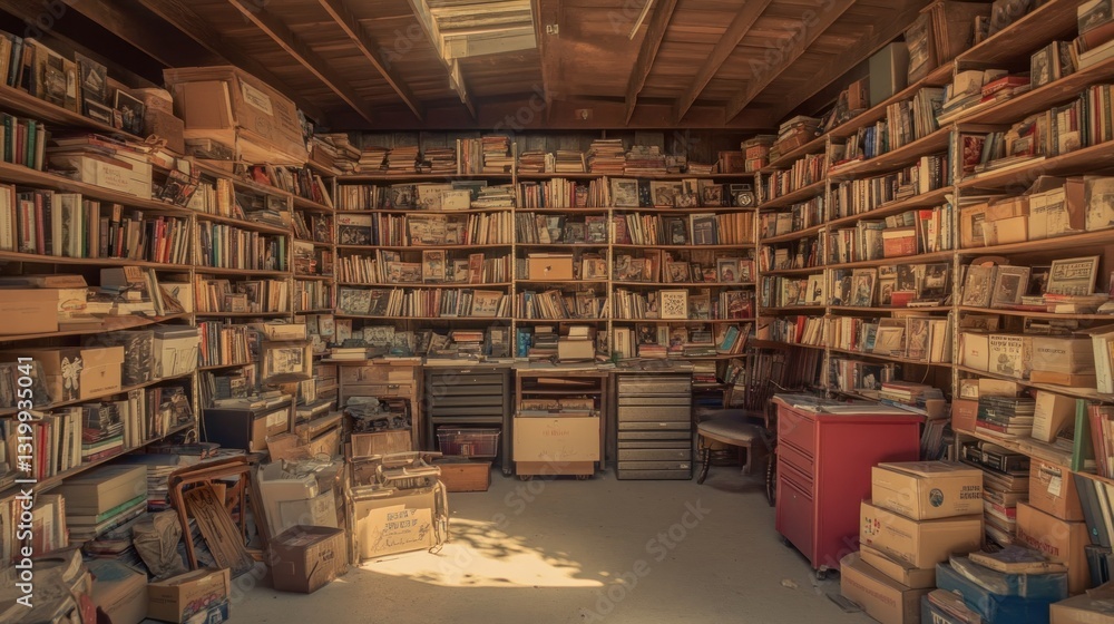 Fototapeta premium Home Garage With Bookshelves and Storage Boxes that combines functionality and organization