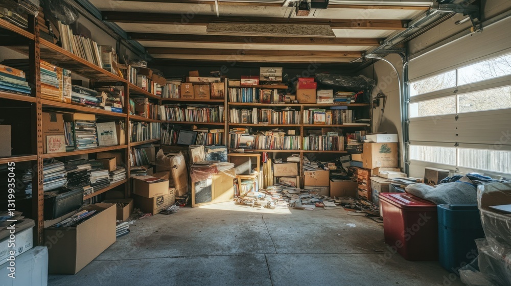 Organized Home Garage With Bookshelves and Packed Storage Boxes Organized Home Garage With Bookshelves and Packed Storage Boxes