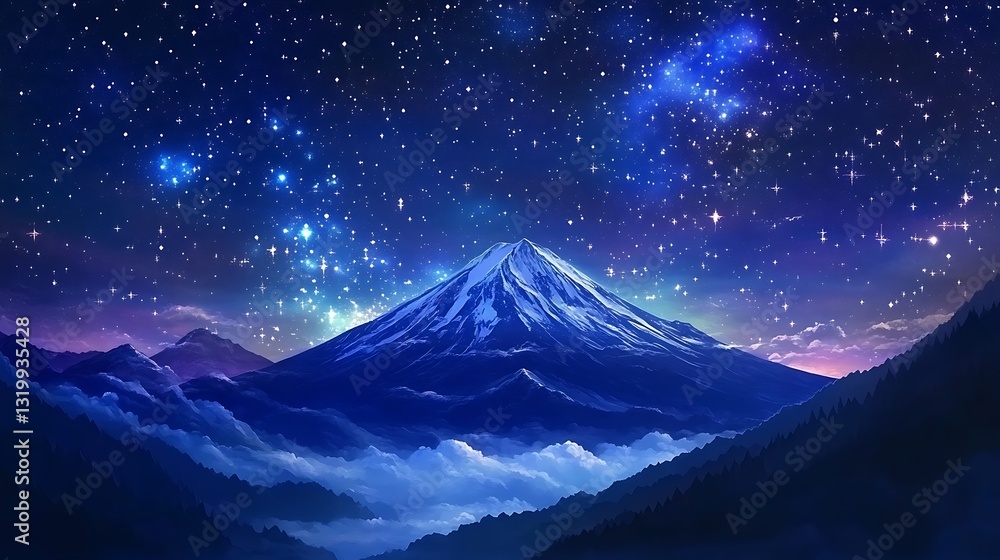 Fototapeta premium A serene mountain landscape under a starry night sky, evoking tranquility and wonder.