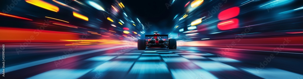 Obraz premium Formula 1 motorsport race car driver at high speed performance motion blur speed racing track with finish checker flag in vibrant red colors. Generative AI