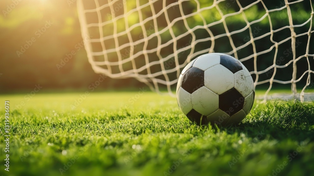 Fototapeta premium Soccer ball resting near goal on sunny field