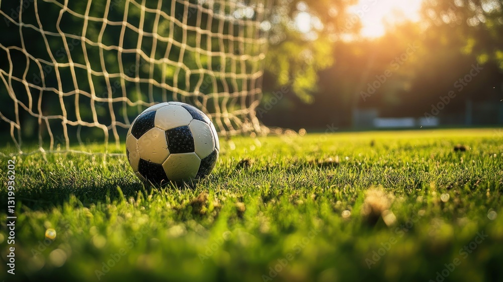 Obraz premium Soccer ball at goal on a sunny field
