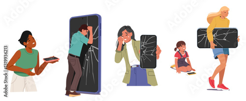 Bitterly crying people character feeling unhappy and stressed due to bad incident with smartphone