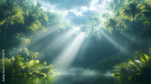 The sun is shining through the trees, casting a warm glow on the forest floor