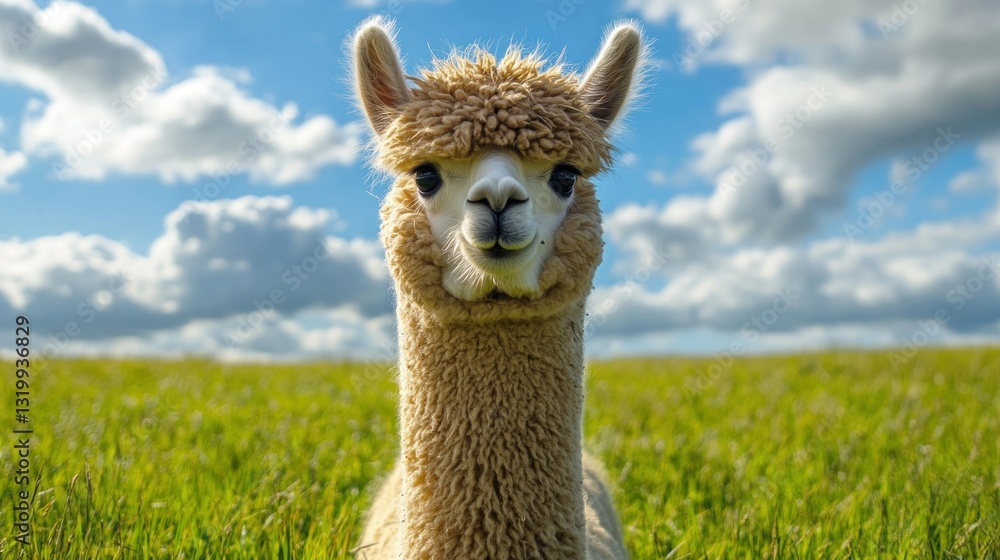 Fototapeta premium Fluffy Alpaca in a Field Under a Sunny Sky