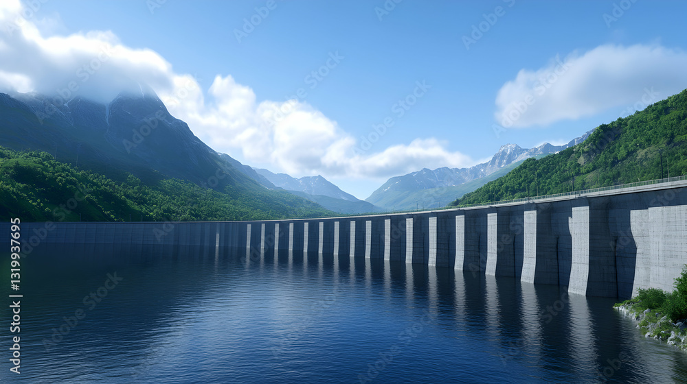 A stunning view of a dam surrounded by majestic mountains and serene water, reflecting the clear blue sky and fluffy clouds. Ideal for showcasing engineering and nature's beauty. A stunning view of a dam surrounded by majestic mountains and serene water, reflecting the clear blue sky and fluffy clouds. Ideal for showcasing engineering and nature's beauty.