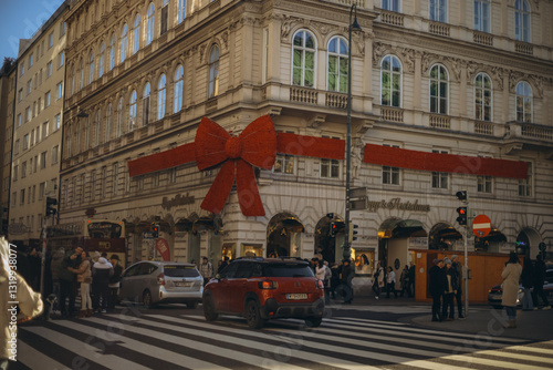 Photography Magnificent Giant Red Bow in Vienna Adorning a Building Facade, Captivating Deco