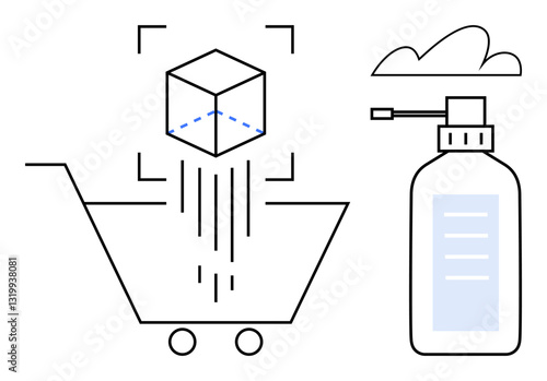 Cube hovering over cart represents 3D product preview. Nearby, hand sanitizer bottle. Ideal for technology, e-commerce, contactless shopping, hygiene, innovation, virtual visualization flat simple