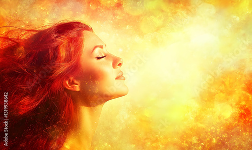 Dreamy woman in a sunlit fantasy realm bathed in warm radiant light